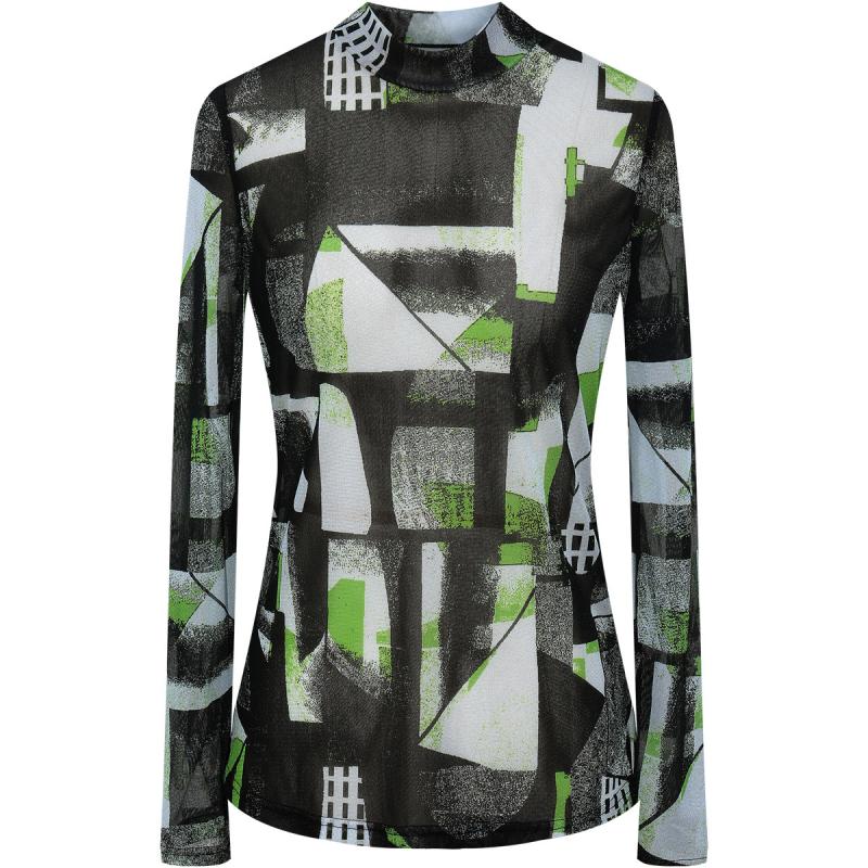 BBLLUUEE粉蓝衣橱复古艺术印花弹力网纱上衣女2025秋装打底皮肤衣