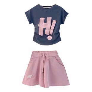 女童套装2025新款夏季运动字母宽松夏天短袖短裤时尚儿童两件套潮