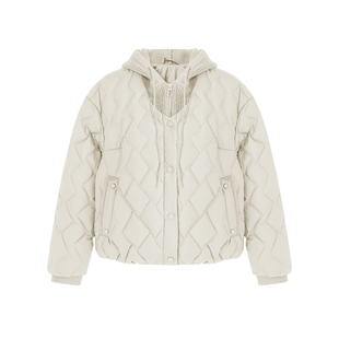 SeRinaBlue2025冬季新款针织连帽拼接气质假两件轻薄羽绒服女外套