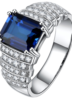 925纯银镀白金蓝宝石戒指男