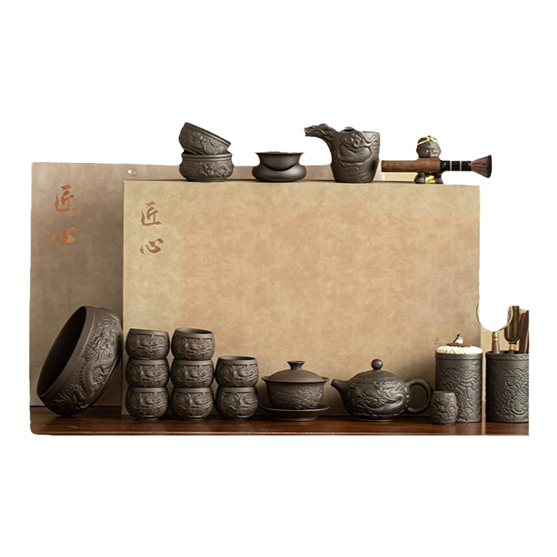 浮雕祥龙紫砂茶具套装高档礼品