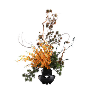 鲲屿 新中式别墅玄关大型摆件【炉照松影】样板间橙色仿真花艺