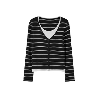 U/TI拉链V领黑白条纹假两件开衫女 短款简约毛衫尤缇2025秋季新款