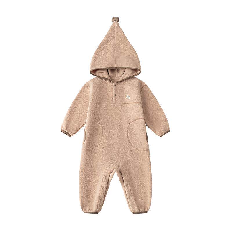 嫚熙婴童连帽连身衣天丝轻芙暖粒绒宝宝秋冬外出保暖连体衣奶茶色