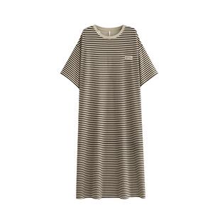 悦内睡裙女款睡衣夏季纯棉短袖长款家居服夏款宽松大码条纹可外穿