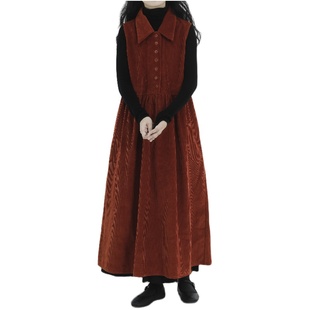 复述橙红色娃娃领灯芯绒无袖背心裙子显白减龄连衣裙女秋冬带插袋