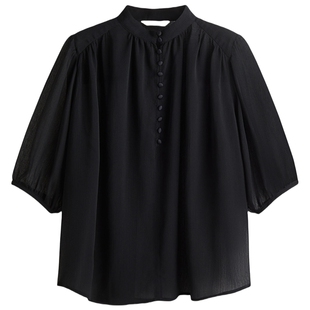 【直播】HM女装衬衫夏季法式酒红色透视皱感上衣罩衫1297190