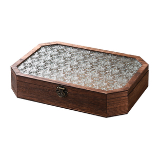 新款黑胡桃中式发簪手串项链首饰盒高档精致海棠花玻璃八边形木盒