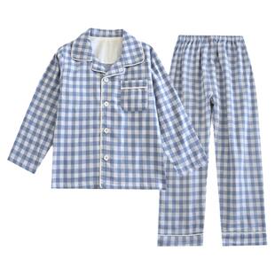 日式a类格子睡衣套儿童春夏季薄款纯棉纱布男童家居服女童空调服