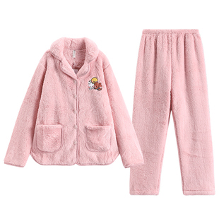 芬腾珊瑚绒睡衣女秋冬长袖可爱加绒加厚甜美大码法兰绒家居服
