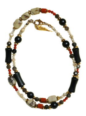 手作天然石项链黑玛瑙红石麦饭石锁骨链可叠戴毛衣链钛钢吊坠项链