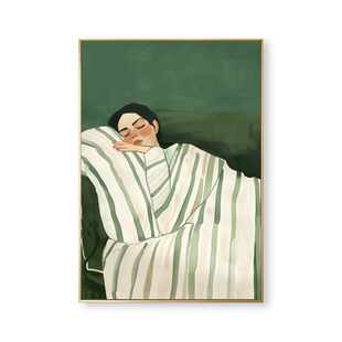 治愈绿色系客厅玄关装饰画小众人物艺术画复古法式沙发背景墙挂画