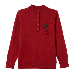 恒源祥高端羊毛衫女半高领加厚宽松套头保暖打底衫红色本命年毛衣