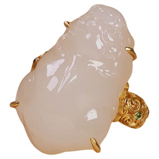 夏季特惠天然和田玉戒指女a货藕粉白玉貔貅镶18k金指环送老婆招财