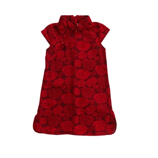 民国风暗红女童唐装短袖旗袍裙2025夏季儿童轻薄连衣裙子周岁礼服