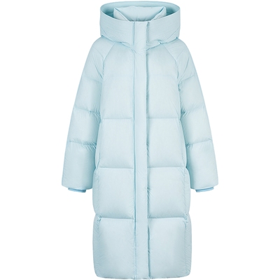 衣香丽影蓝色连帽羽绒服女中长款