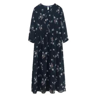 纻衣2025新款夏天小V领印花雪纺连衣裙女七分袖淑女显瘦过膝a字裙