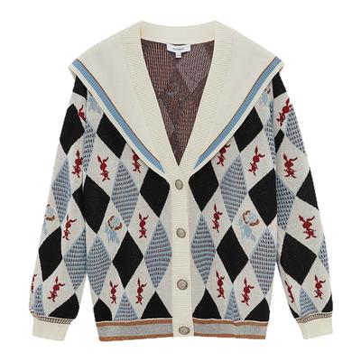 LULUALWAYS蓝白菱格纹针织开衫