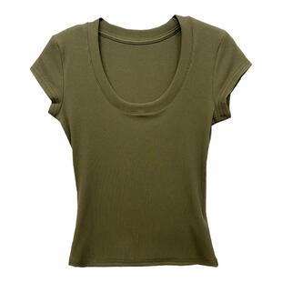 鹅蛋领。牛货气质深u领光板短袖t恤女欧货欧洲站紧身纯色上衣打底