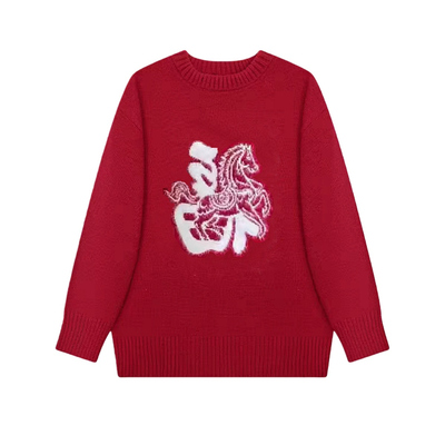 2025新款慵懒风红色字母毛衣女秋冬本命年中长款圆领马年针织上衣