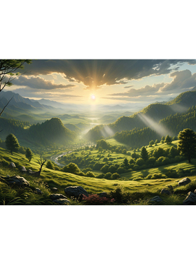 阳光大森林树林绿草地大自然风景画挂画墙画绿色装饰画壁画树木画