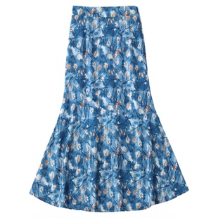 5211 薄款油画风碎花半身裙春夏女中长款新款高腰包臀雪纺鱼尾裙