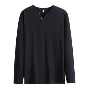 港风恤男士2026春季宽松V领纯棉长袖内搭上衣服体恤新款大码男装