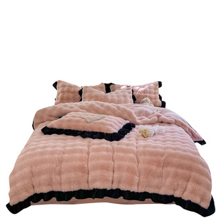 冬季加厚獭兔兔绒四件套公主风双面加绒保暖牛奶绒被套珊瑚绒床单