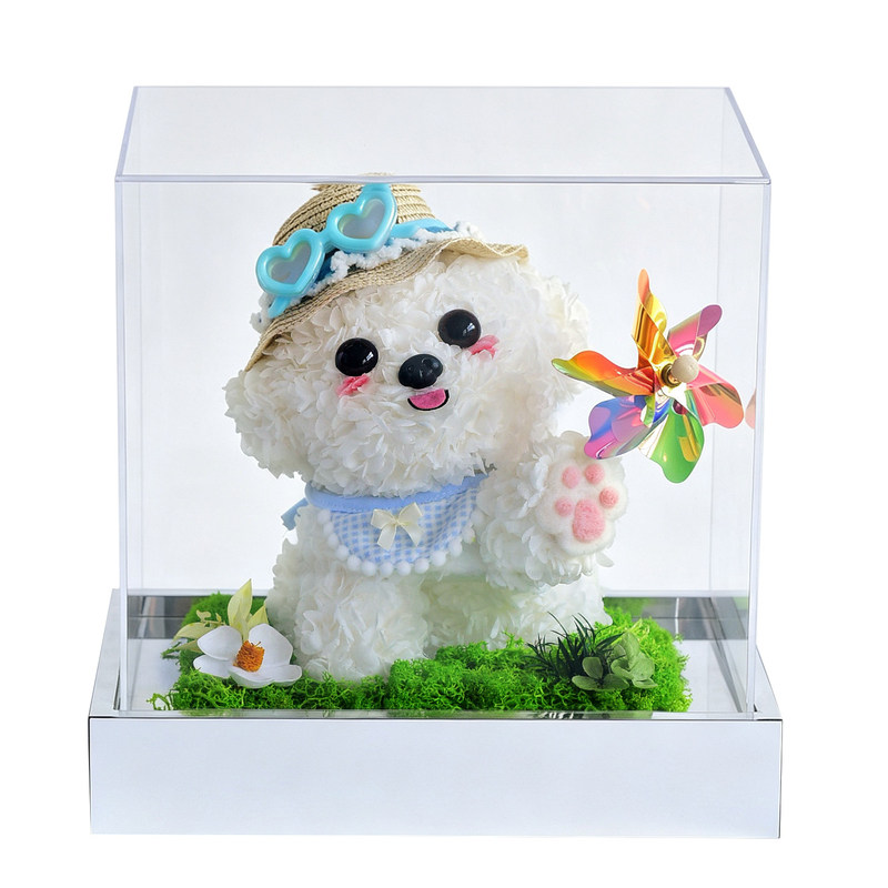 永生花可爱小狗摆件白色毛绒玩偶手工礼物装饰品生日纪念日送女友