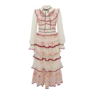 LULUALWAYS【商场同款】法式宫廷蕾丝绣花层次感连衣裙