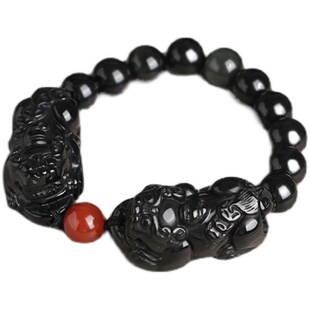 灵机生活馆黑曜石手链红玛瑙配饰手串吉祥物貔貅水晶饰品吞金兽
