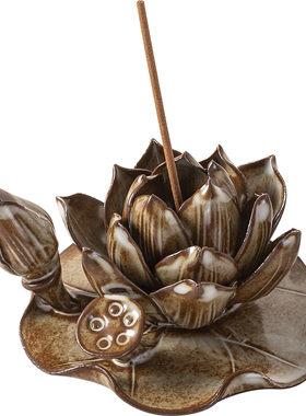哥窑手工莲花线香香插摆件