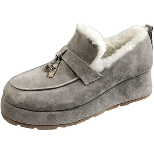 新款毛绒单鞋厚底真皮乐福鞋女冬季松糕底豆豆鞋保暖毛毛鞋一脚蹬