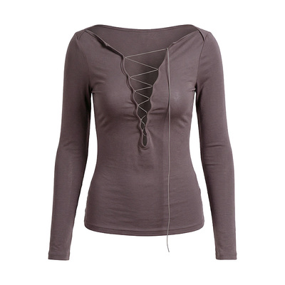 PynkiSwear藏青色/灰(偏紫)天丝V领微透长袖T恤上衣系绳可调节