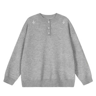 十字黑色美式亨利领毛衣男女款秋冬慵懒高级感针织衫加厚打底内搭