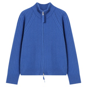 Basic House/百家好半高领蓝色毛衣女新款拉链针织羊毛衫开衫外套