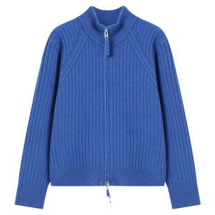 Basic House/百家好半高领蓝色毛衣女新款拉链针织羊毛衫开衫外套