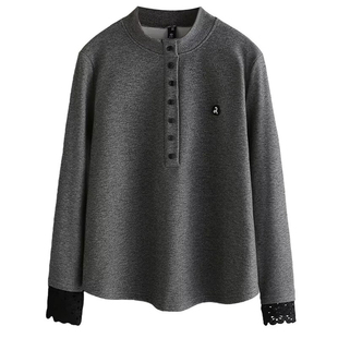 大码冬季加绒立领打底衫女胖mm设计感纽扣半开领蕾丝长袖内搭上衣
