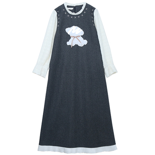 学院立体卡通减龄花边长裙胖莹莹大码女装秋冬撞色收腰口袋连衣裙