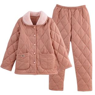 睡衣女冬季三层加厚加绒梭织纯棉夹棉秋冬款珊瑚绒棉袄冬天家居服