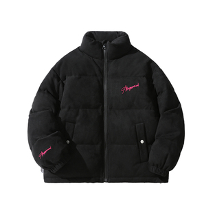 ALLIN 黑色立领羽绒服男生冬季加厚保暖字母刺绣潮牌情侣短款外套