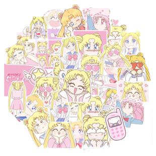 50张动漫美少女战士卡通高颜值个性贴纸装饰笔记本头盔桌面手账保温杯吉他衣柜收纳箱拉杆箱文具贴纸防水pvc