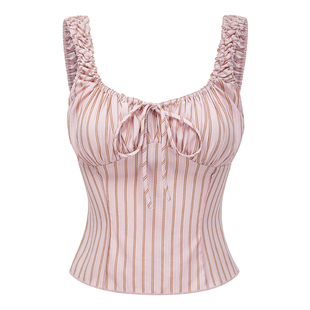 Go Girl Go 自制欧美风抽绳系带条纹背心女外穿修身无袖上衣辣妹