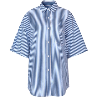 URLAZH有兰新款纯棉休闲蓝白条纹设计感短袖衬衫上衣薄款外套女