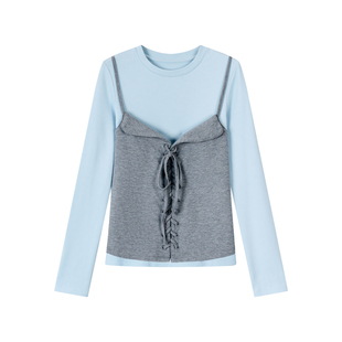 NS76秋冬撞色假两件绑带T恤叠穿层次感甜酷修身显瘦亲肤天丝长袖