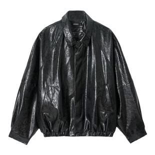 【复古油蜡皮】Unvesno(UN)短宽翻领防风秋外套皮革夹克 明星同款