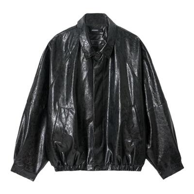 【复古油蜡皮】Unvesno(UN)短宽翻领防风秋外套皮革夹克 明星同款