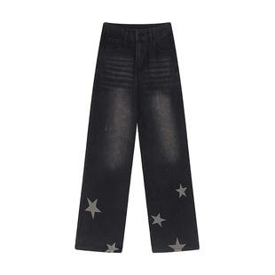 胖mm特大码女装星星牛仔裤女高腰休闲阔腿裤宽松显瘦黑色直筒裤子