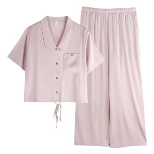 轩靓睡衣女士夏季薄款冰丝绸短袖长裤高级感宽松仿真丝家居服套装
