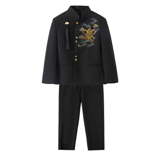 罗蒙男童新中式唐装新款国潮西装演出服儿童立领复古中山装套装潮